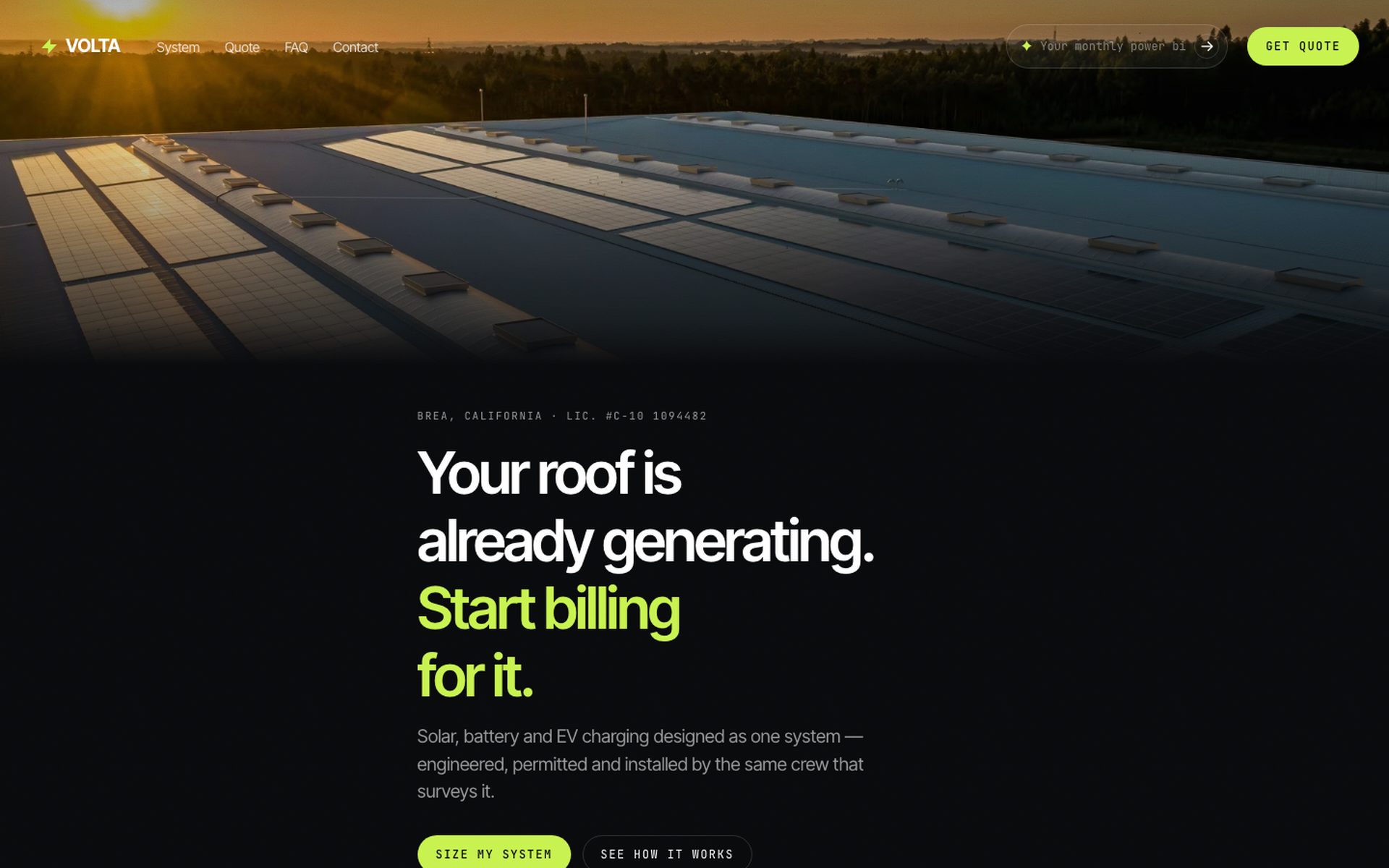 Volta: a solar array silhouetted against a golden-hour sky, cut hard into black, headed 'Your roof is already generating.'