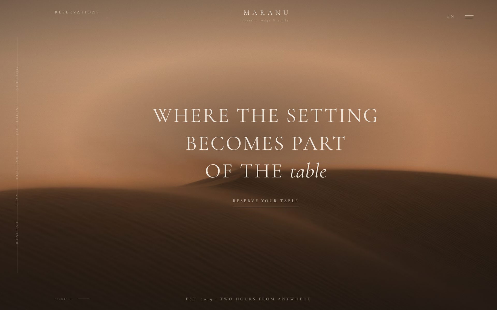 Maranu: a sepia desert dune at dusk, headed 'Where the setting becomes part of the table.'